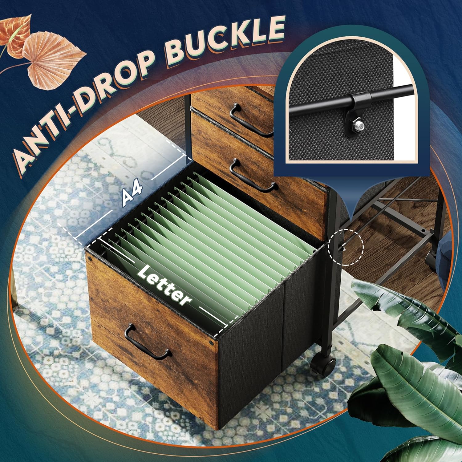 Anti-drop Buckle of Vertical 3-drawer fabric mobile file cabinet