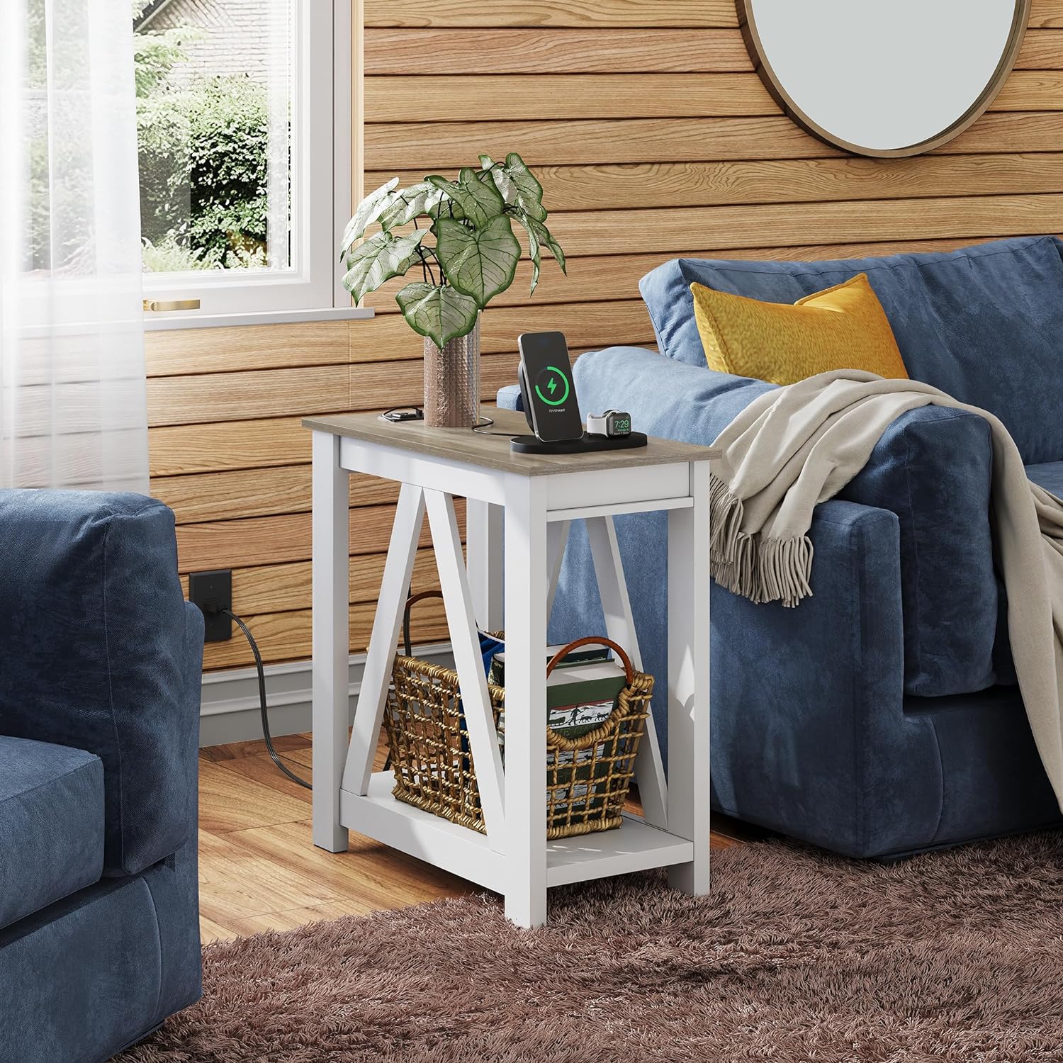 Greige WLIVE Farmhouse Narrow 2-Tier Side Table with Charging Statio in living room