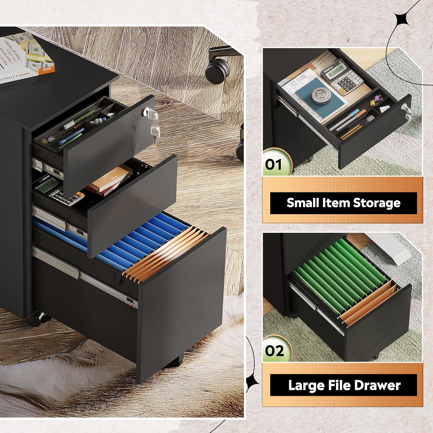Drawers of 3-drawer metal rolling file cabinet with lock