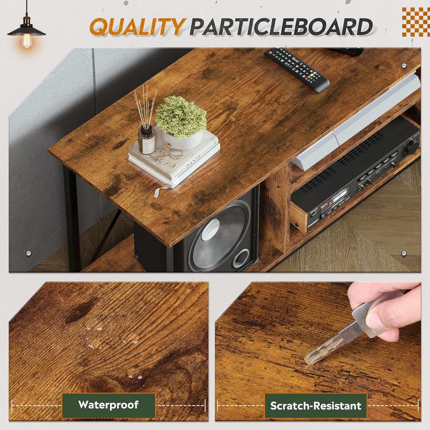 Board of WLIVE Industrial TV Stand with Open Storage Shelves for 65 Inch TV