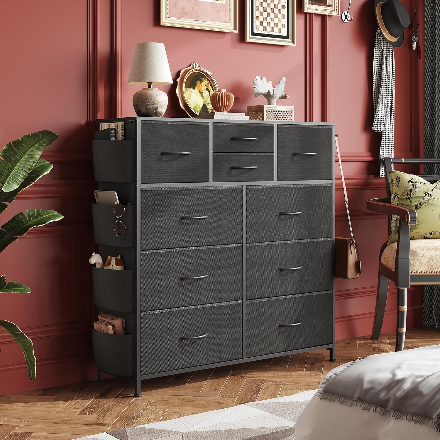 WLIVE  10 drawer fabric dresser with side pockets and hooks in bedroom