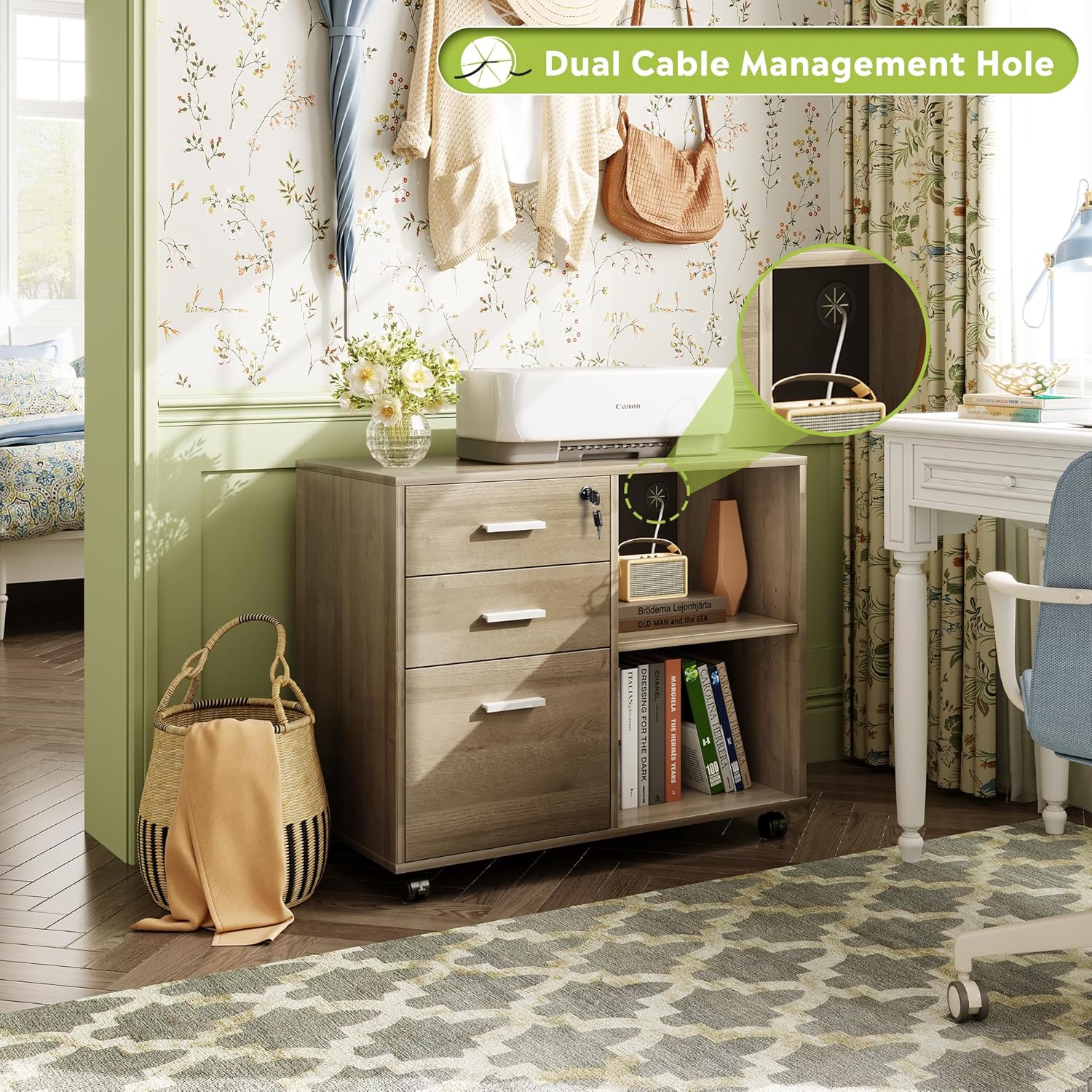 3-drawer wood lateral file cabinet with lock in home office