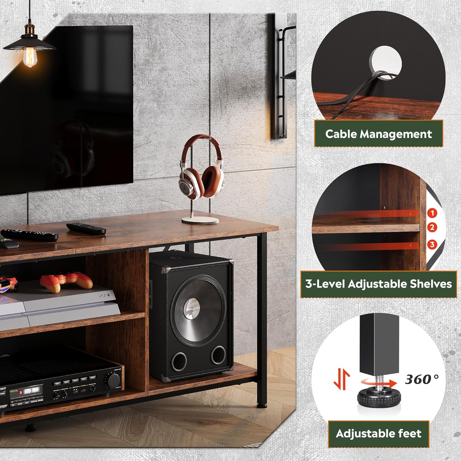 WLIVE Industrial TV Stand with Open Storage Shelves for 65 Inch TV Features