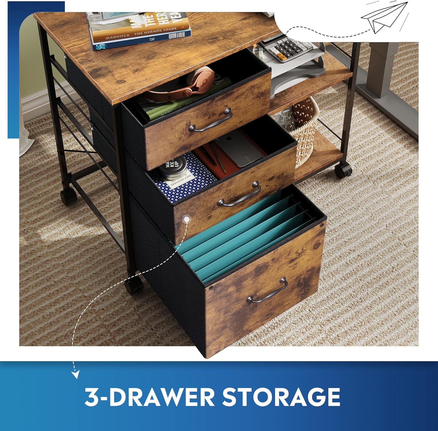 Drawer Storage of Vertical 3-drawer fabric mobile file cabinet with open shelf