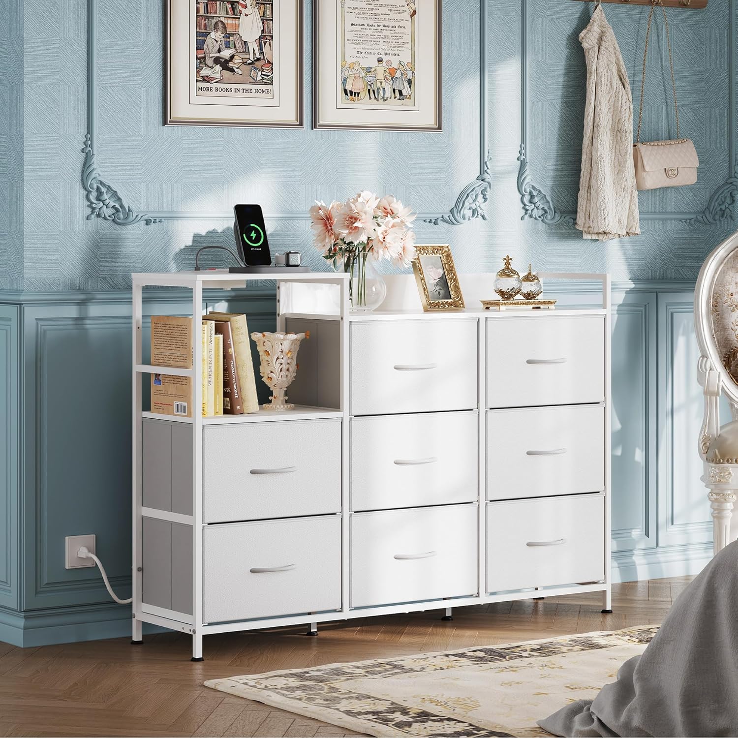WLIVE 8 drawer fabric dresser with charging station and shelf in room