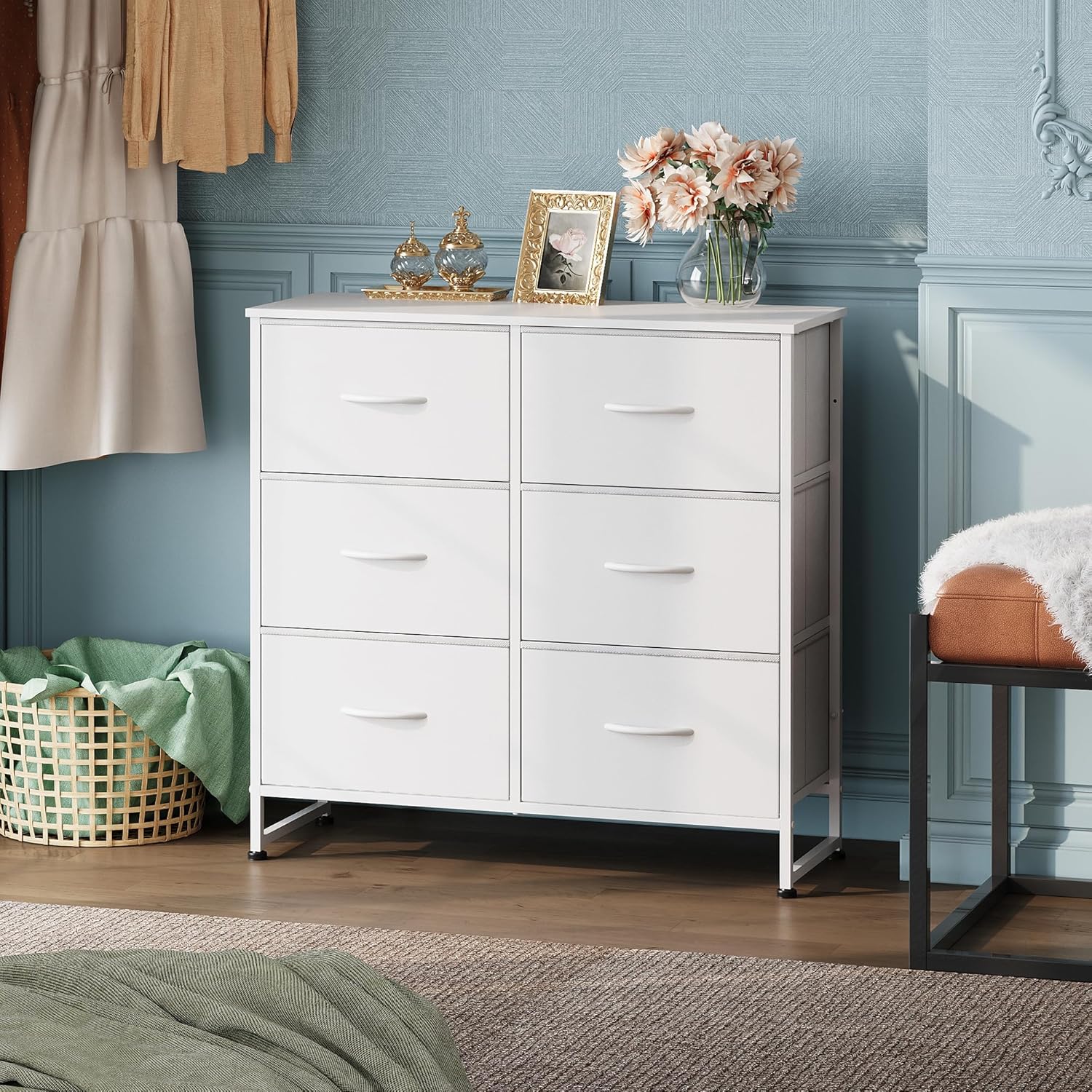 WLIVE White Minimalist Fabric 6-Drawer Double Storage Dresser in room