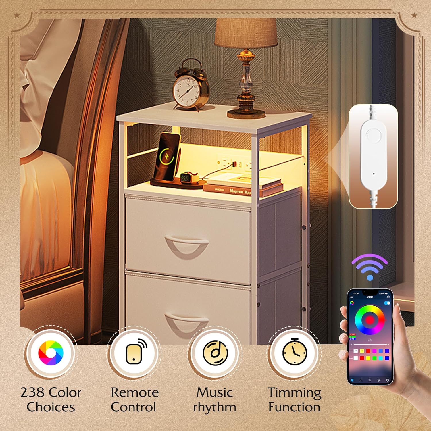 WLIVE Fabric 3-Drawer LED Nightstand with Charging Station and APP Control