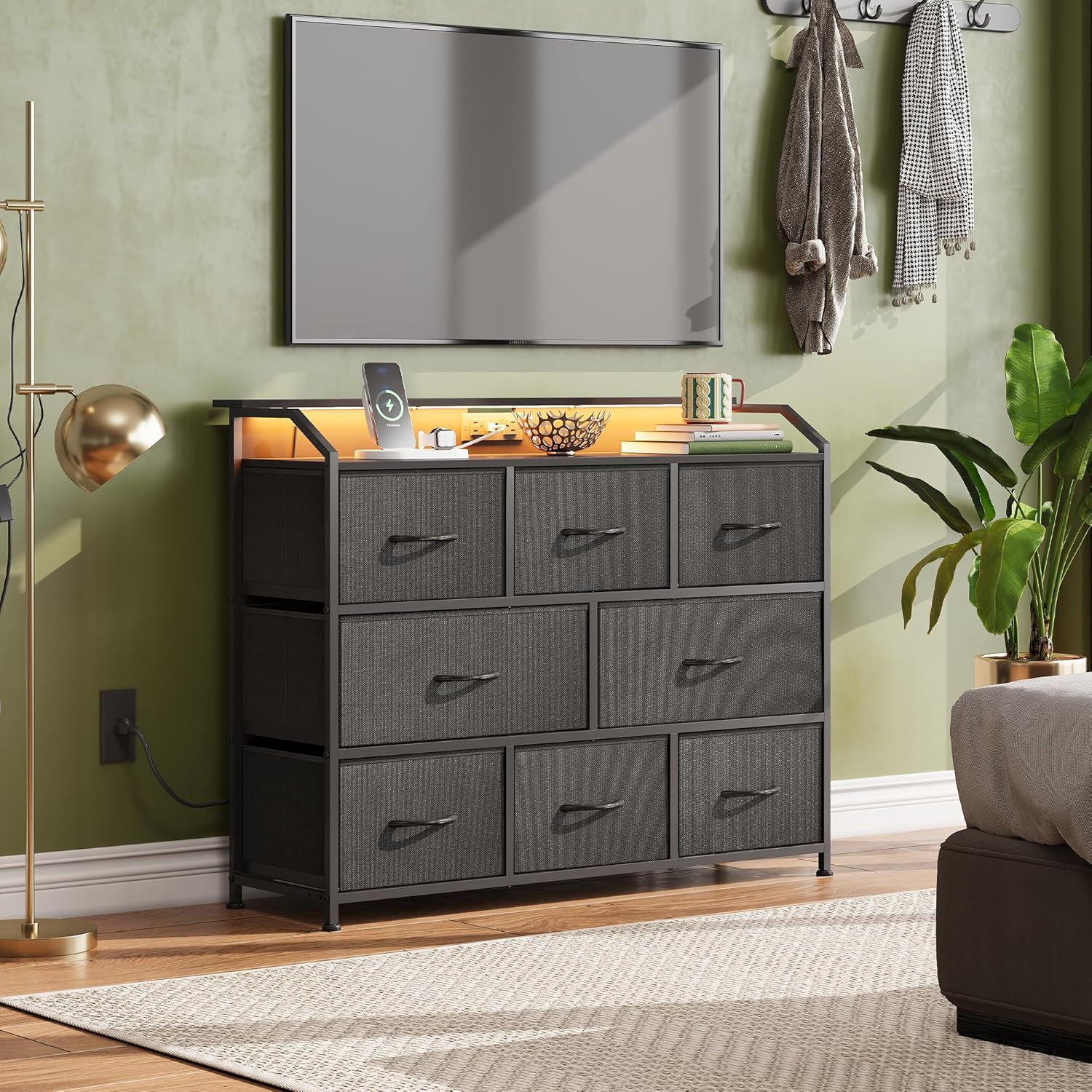 WLIVE Black Minimalist 8-Drawer LED Large Storage Fabric Dresser TV Stand in Room