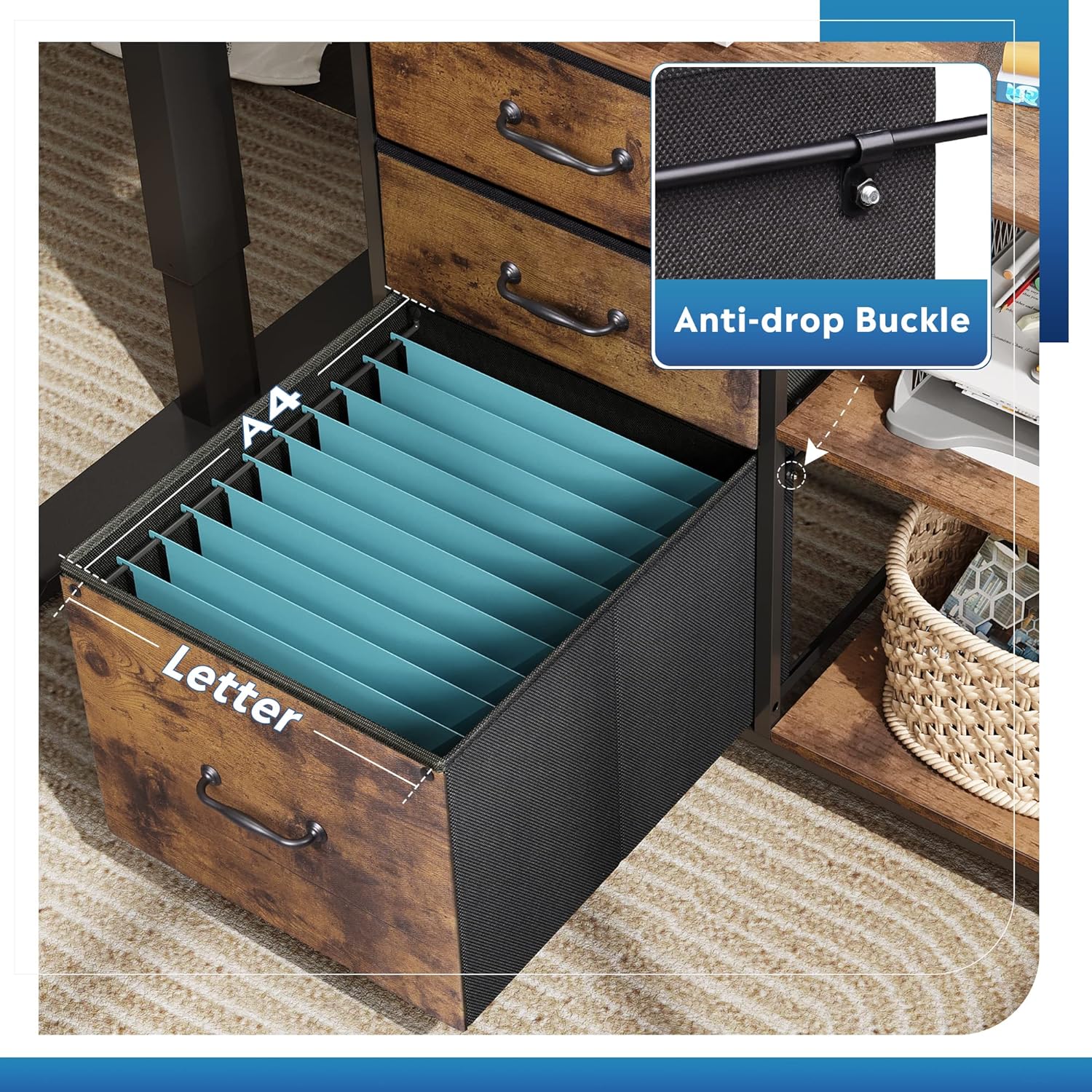 Anti-Drop Buckle of Vertical 3-drawer fabric mobile file cabinet with open shelf