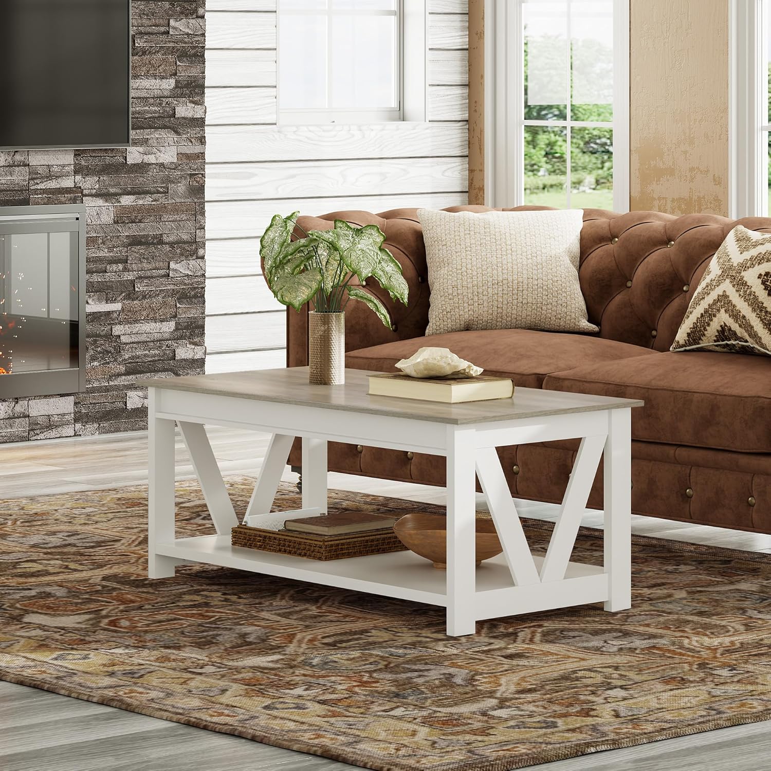 WLIVE Rectangle Farmhouse Wood Coffee Table with Storage Shelf in Living Room