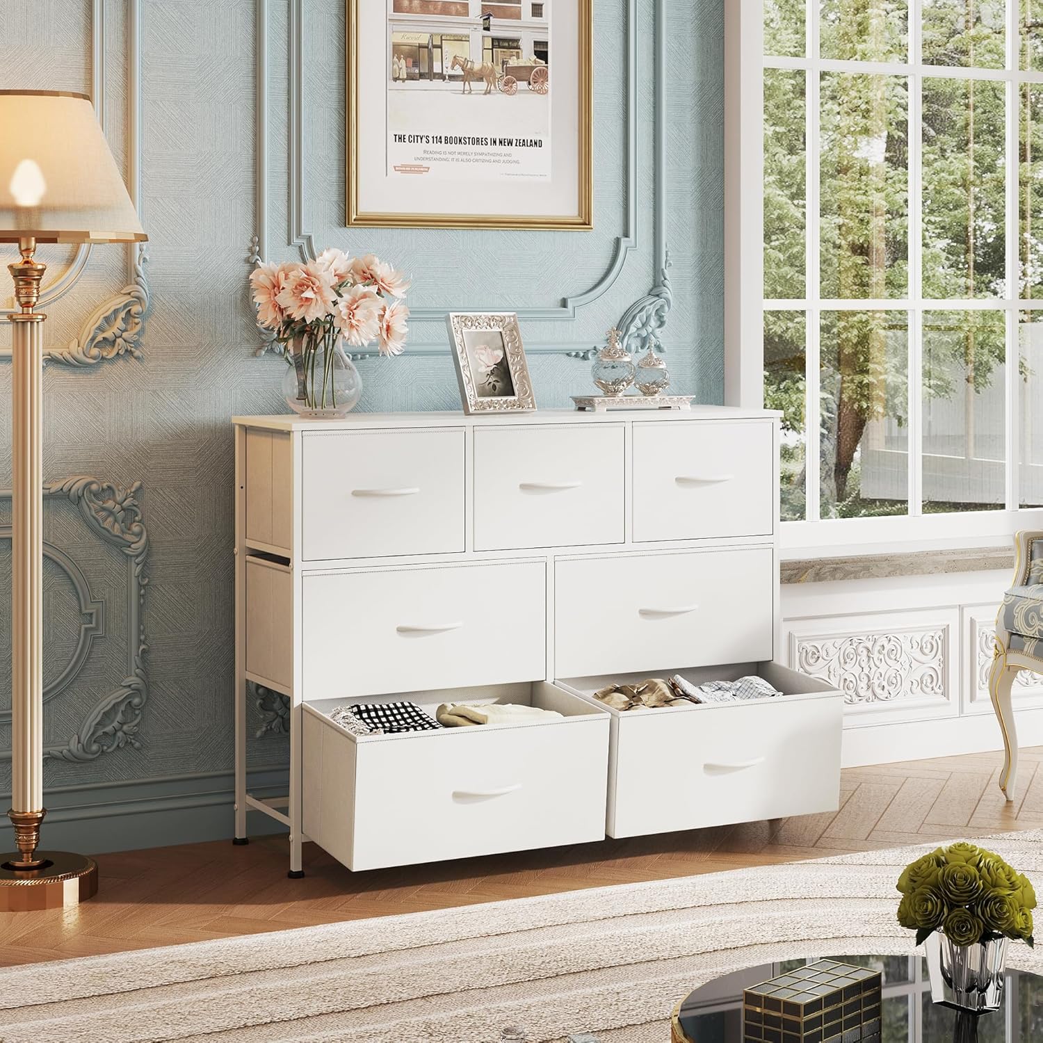 White WLIVE Minimalist Fabric 7-Drawer Large Storage Dresser TV Stand in Bedroom