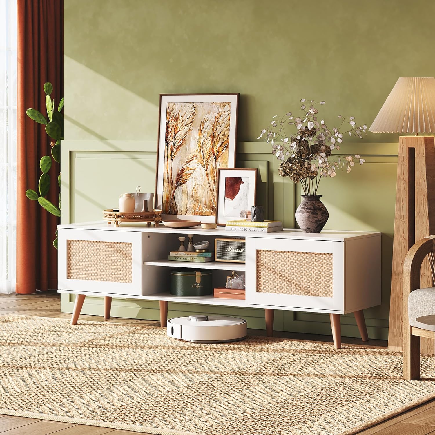WLIVE Boho TV Stand with 2 Rattan Cabinets for 65 Inch TV in Living Room
