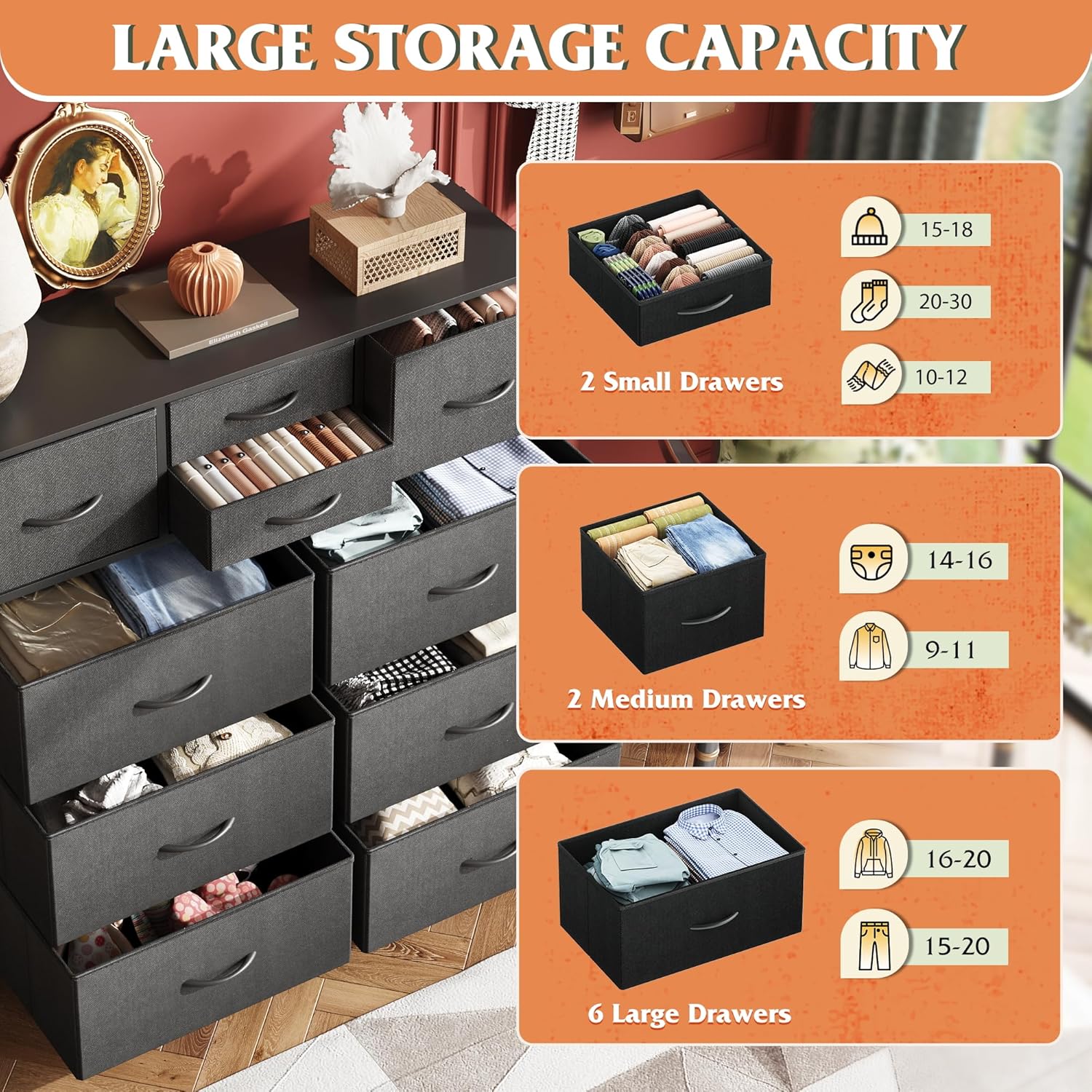 large storage of WLIVE 10 drawer fabric dresser with side pockets and hooks