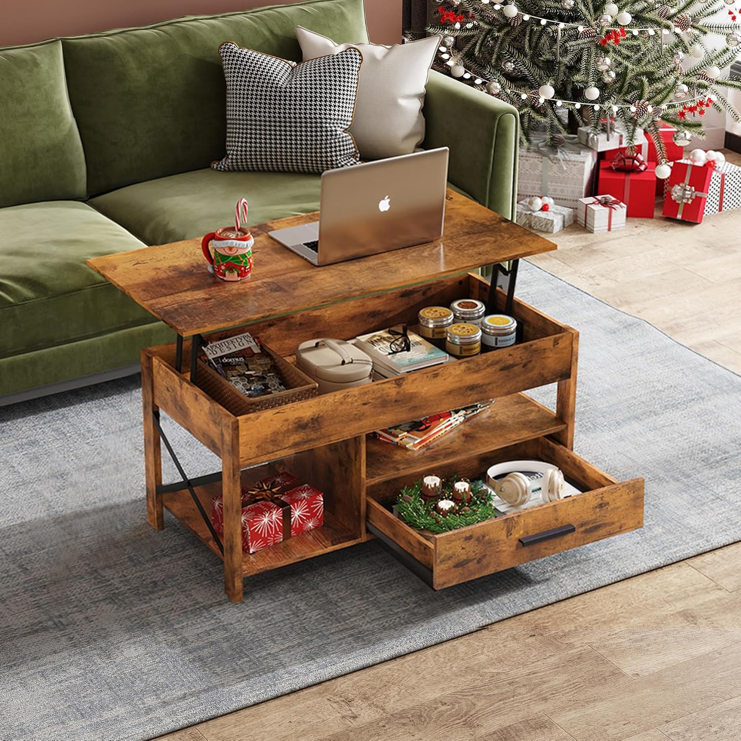 WLIVE Rustic Wood Lift Top Coffee Table with Storage Drawer in Living Room