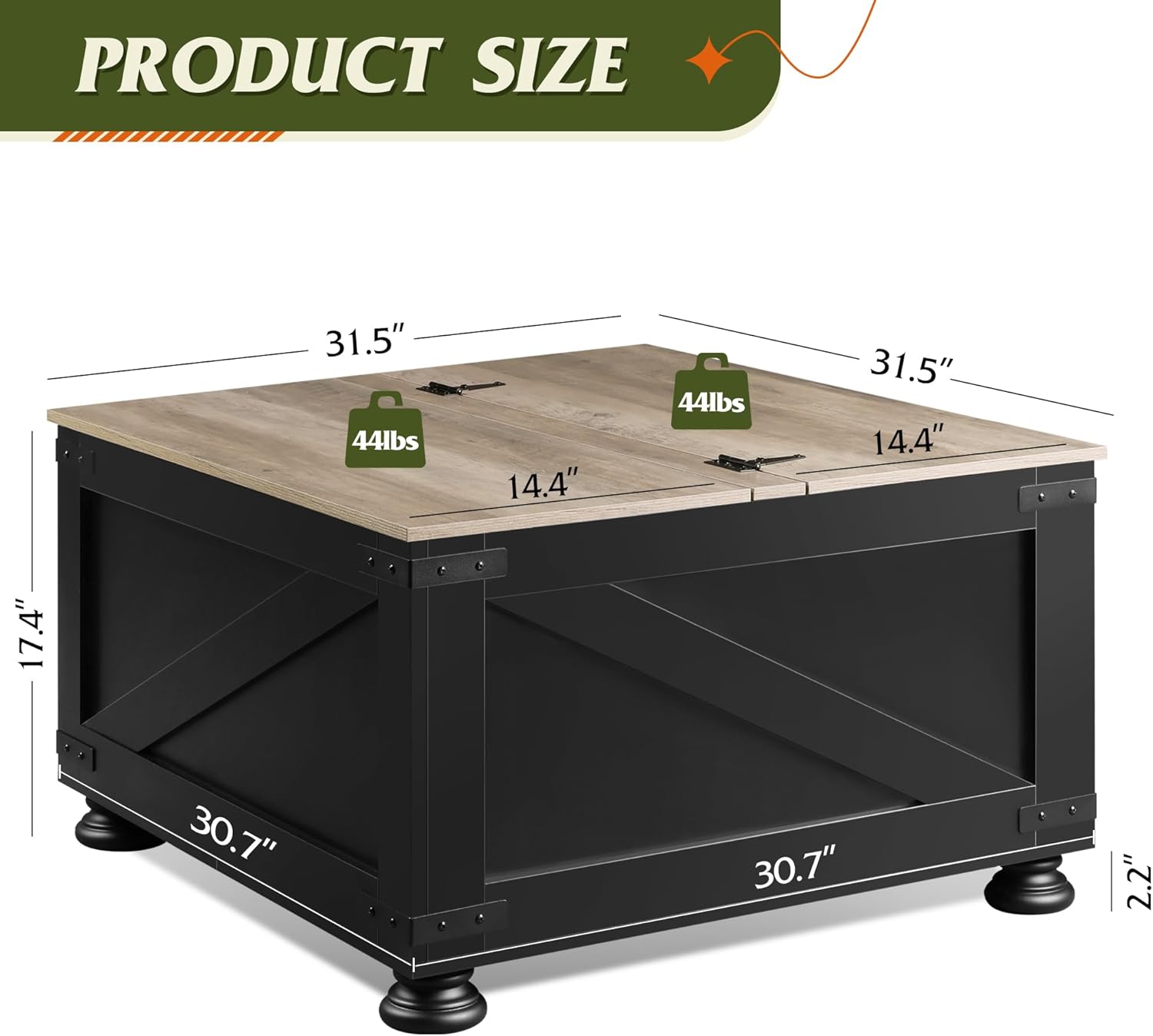 WLIVE Square Wood Farmhouse Lift Top Coffee Table with Storage Size