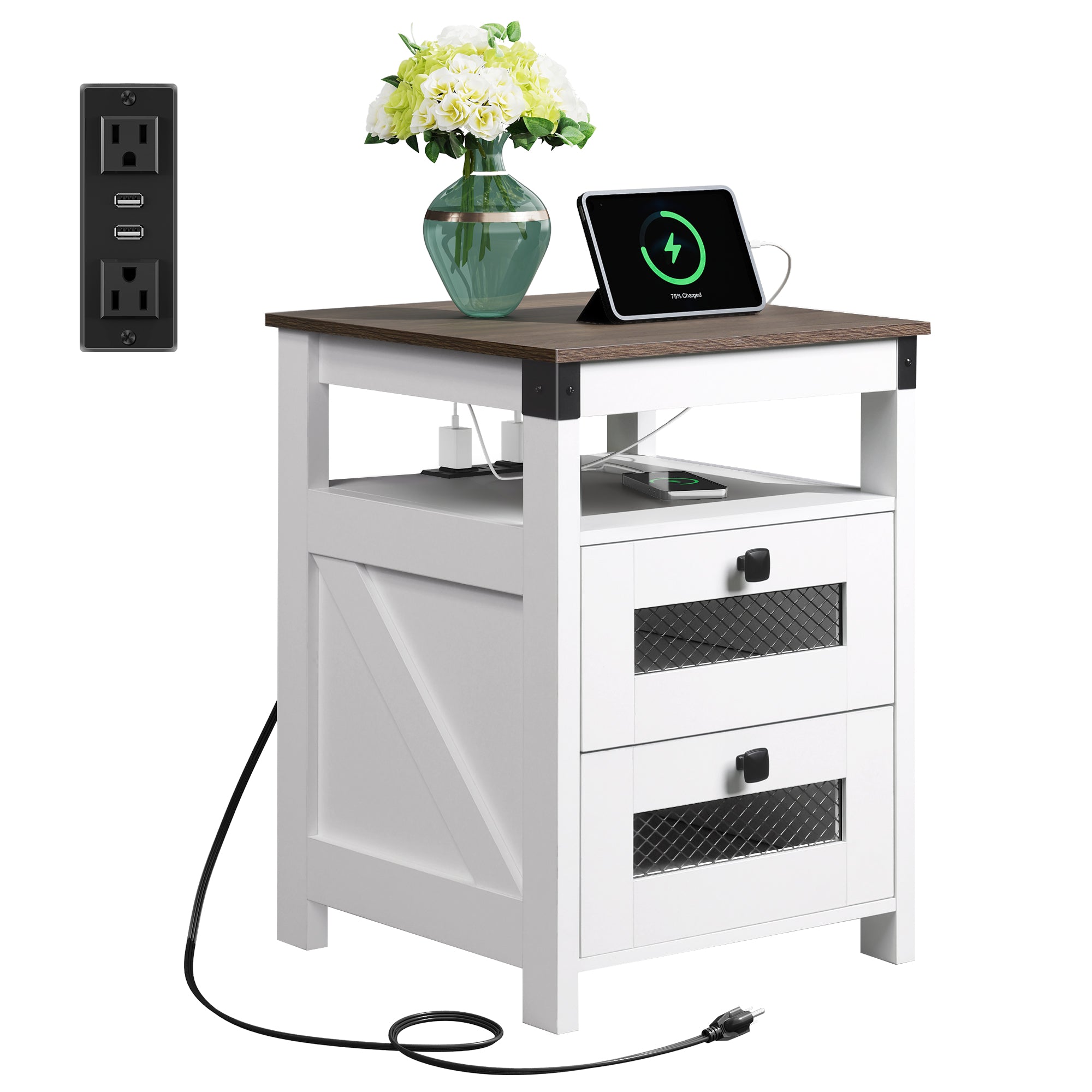 WLIVE Farmhouse 2 Drawer Wood Nightstand with Charging Station