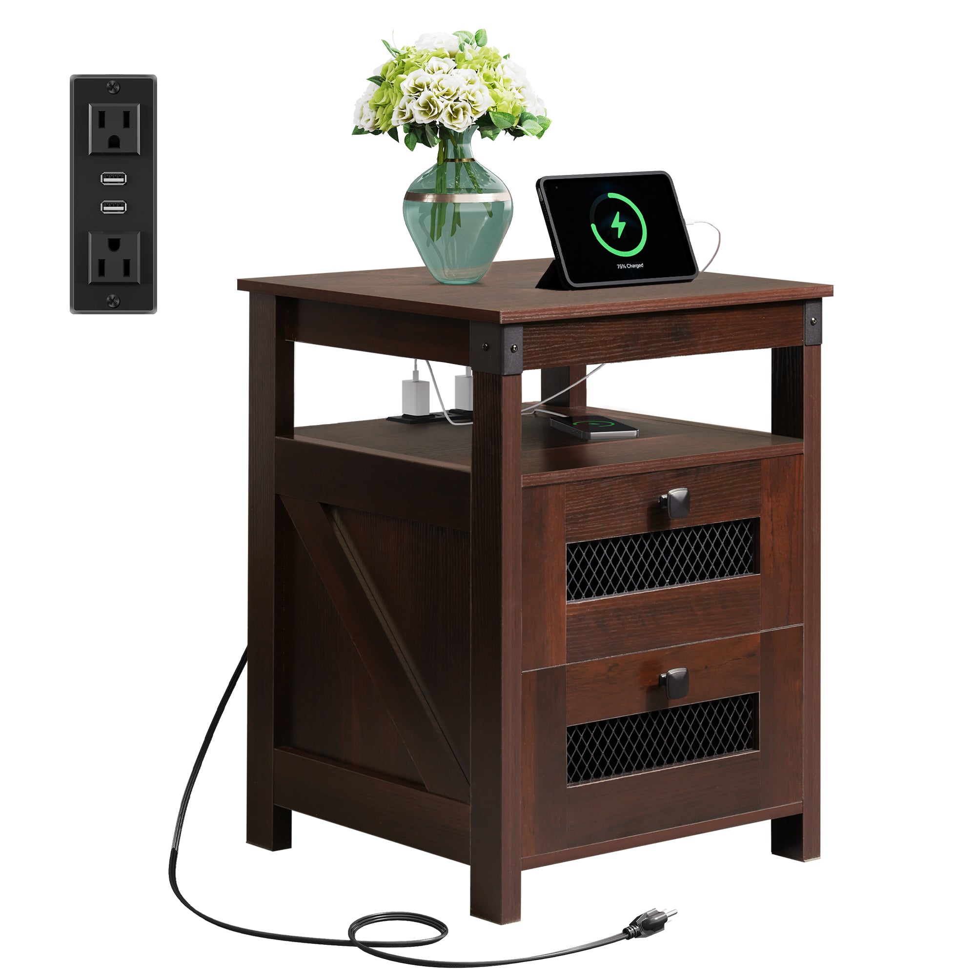 WLIVE Farmhouse 2 Drawer Wood Nightstand with Charging Station