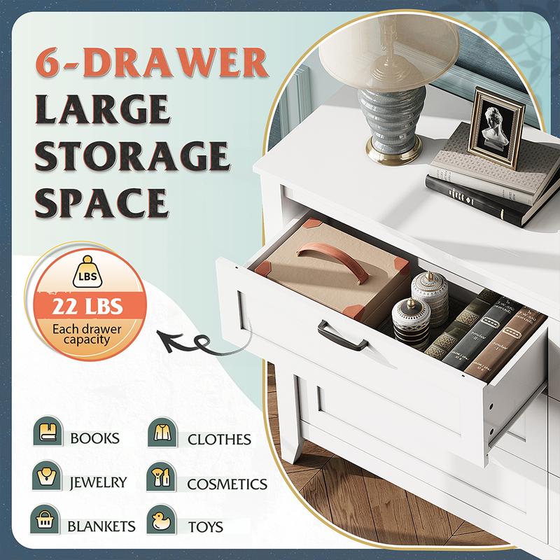 WLIVE Wide 6-Drawer Minimalist Vintage Wood Dresser Storage