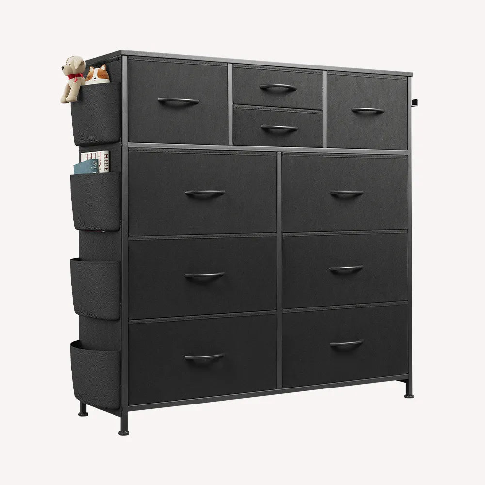 WLIVE black 10 drawer fabric dresser with side pockets and hooks