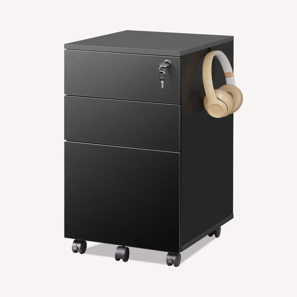 Black 3-drawer small rolling filing cabinet with lock