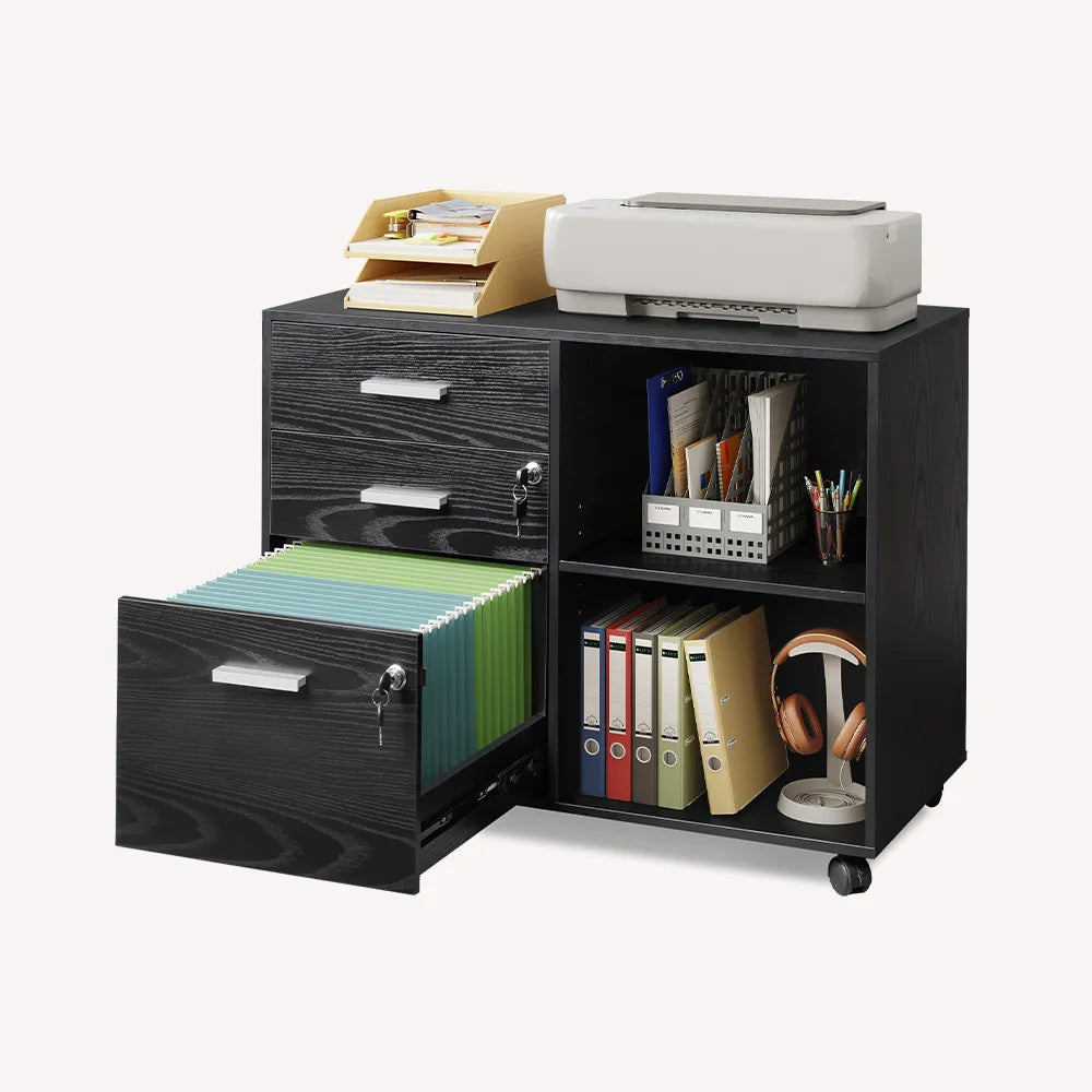 Black 3-drawer wood lateral file cabinet with lock