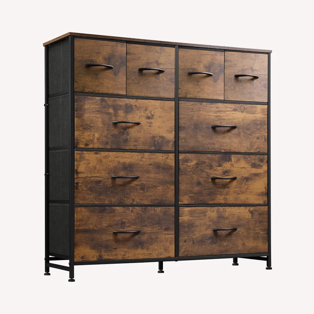 Black and rustic brown 10-drawer large storage fabric dresser