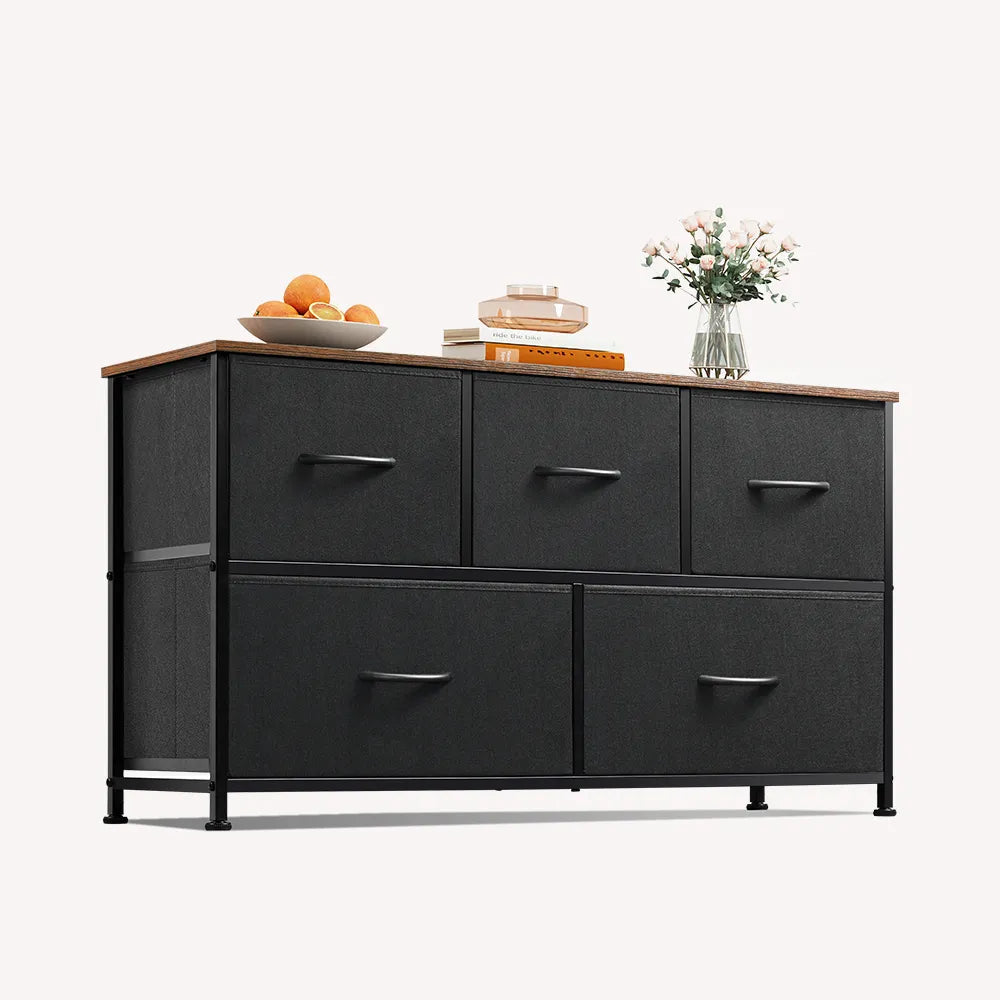 WLIVE 5-drawer fabric dresser in black and rustic brown