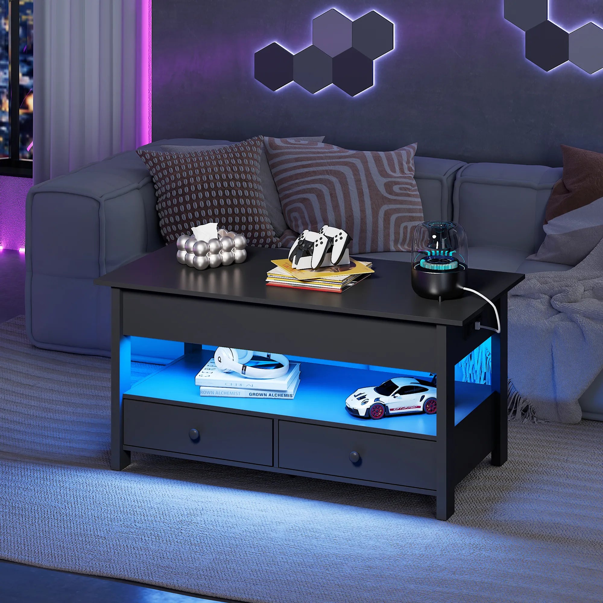 WLIVE Lift Top Coffee Table with 2 Drawers and LED light