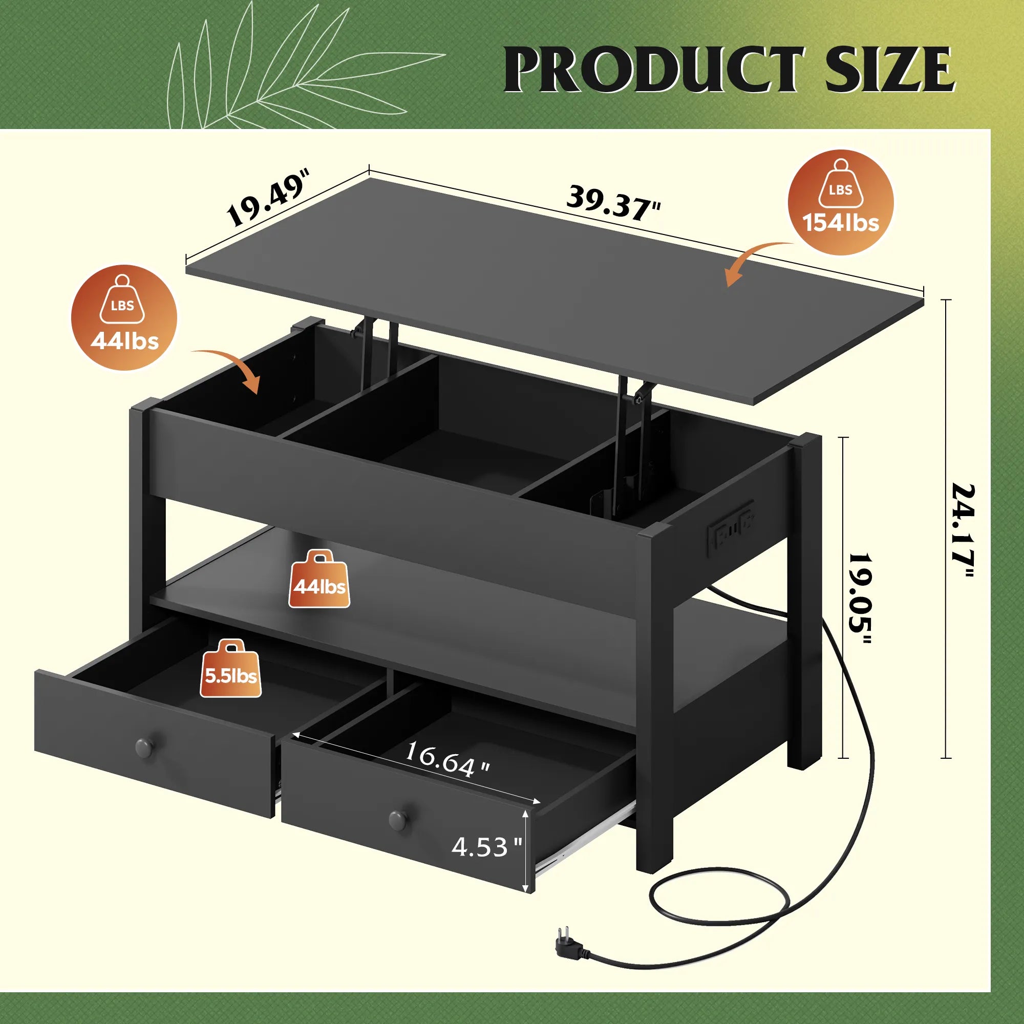 WLIVE Lift Top Coffee Table with 2 Drawers and LED light