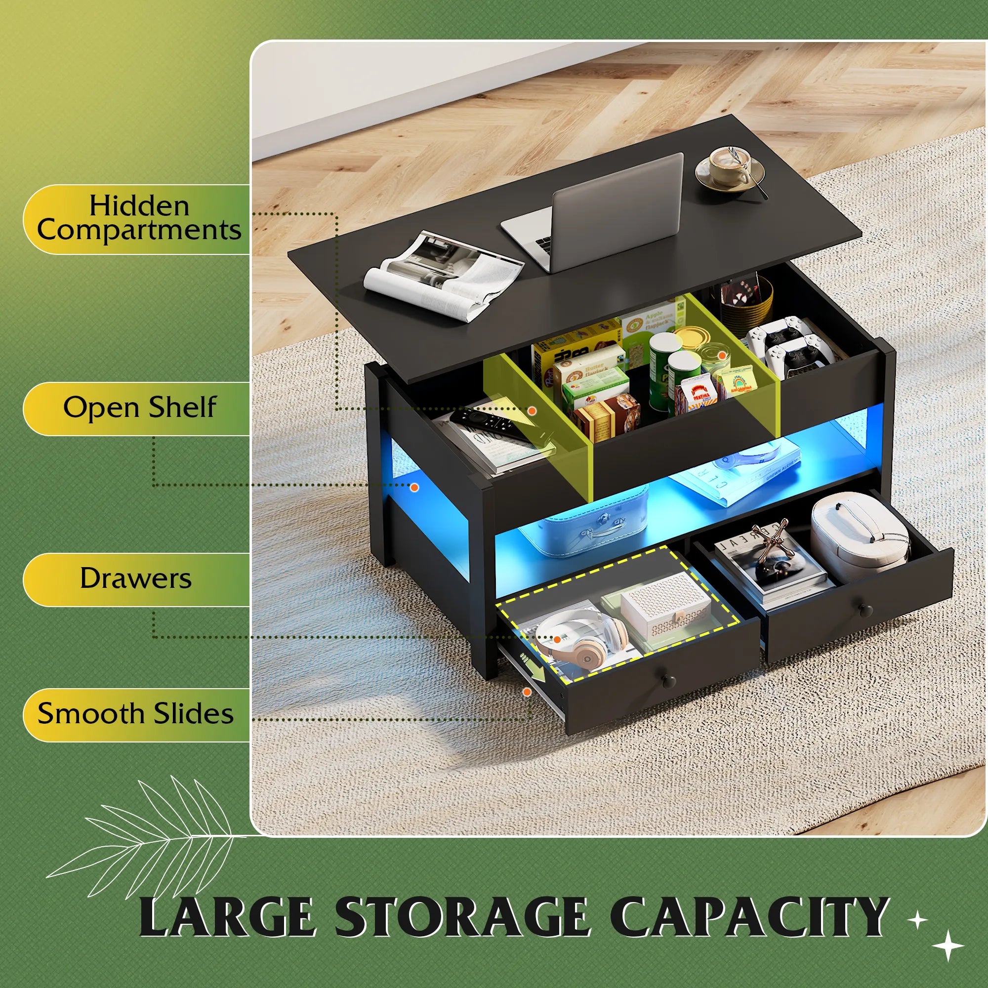 WLIVE Lift Top Coffee Table with 2 Drawers and LED light