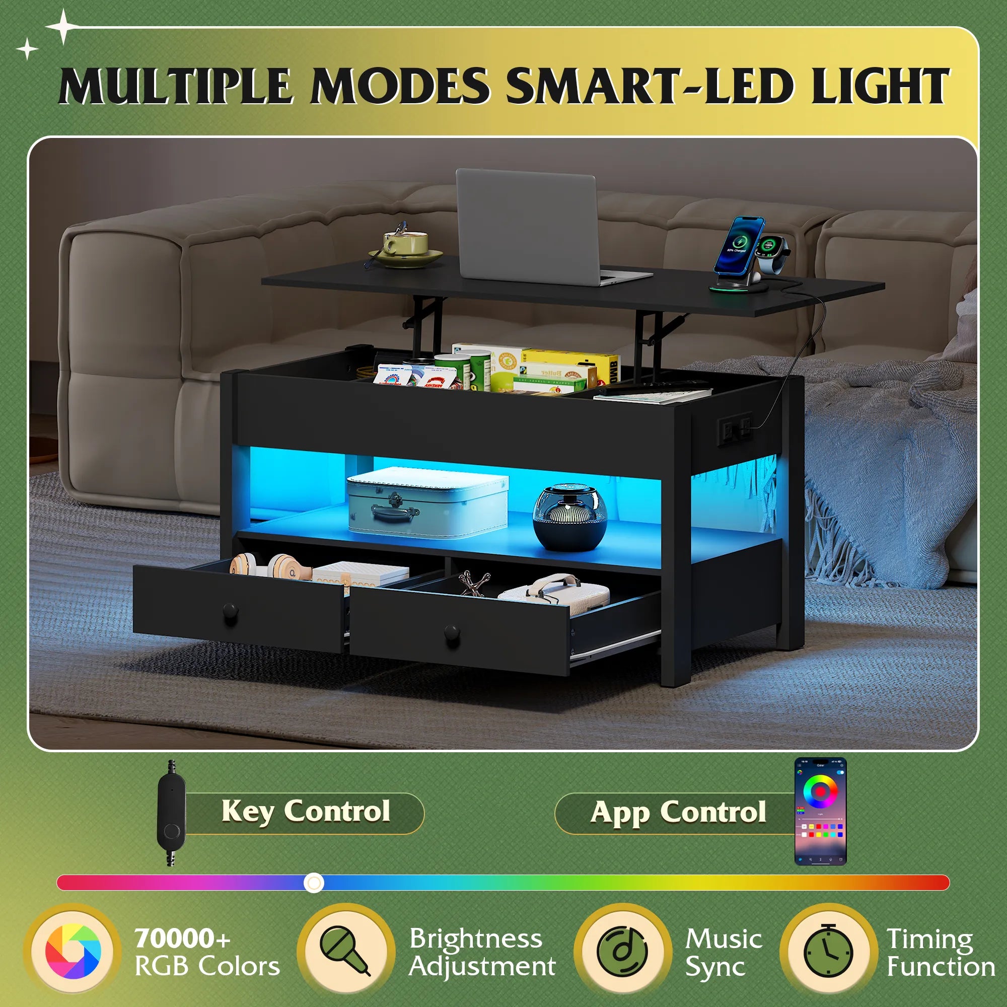 WLIVE Lift Top Coffee Table with 2 Drawers and LED light