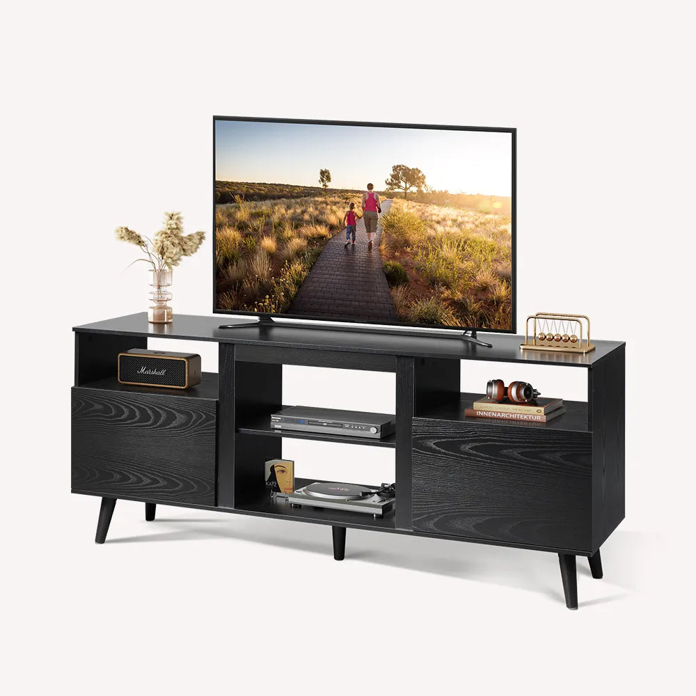 Black WLIVE Mid Century Modern TV Stand with Cabinets for 65 inch TV
