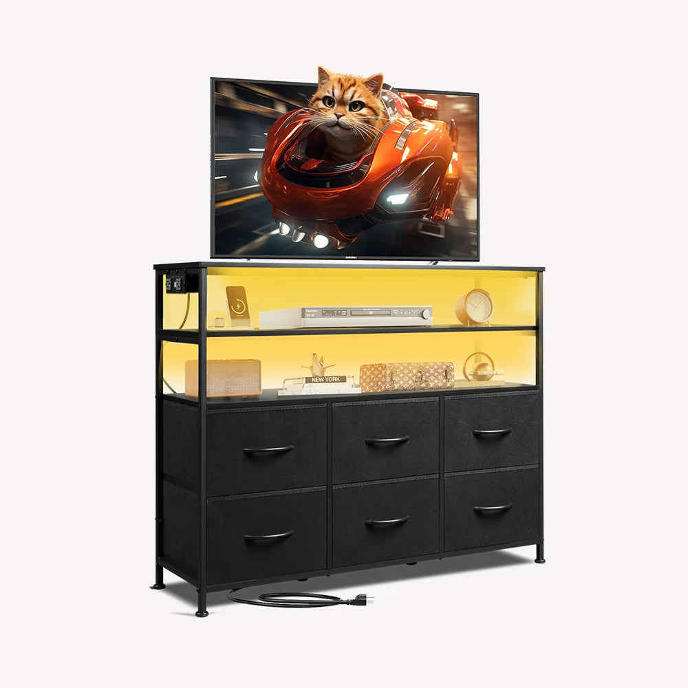 WLIVE Black Minimalist 6-Drawer LED Large Storage Fabric Dresser TV Stand