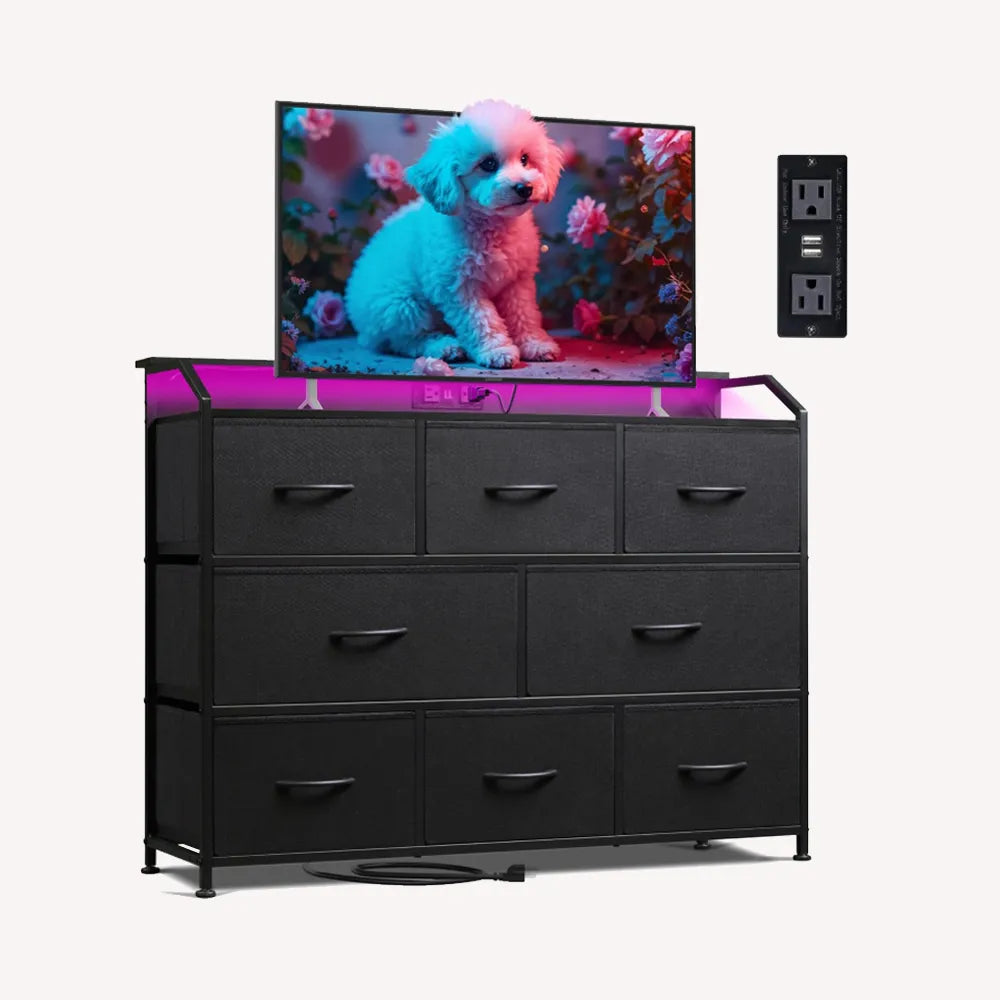 WLIVE Black Minimalist 8-Drawer LED Large Storage Fabric Dresser TV Stand