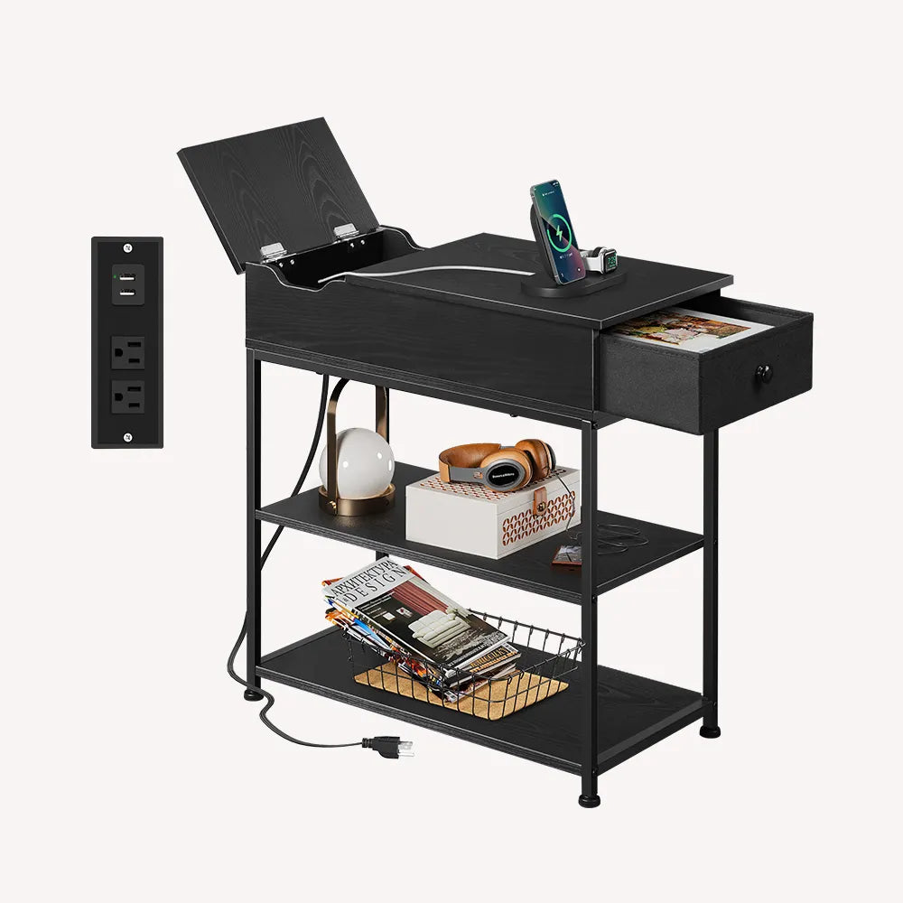 Black WLIVE Small Wood Storage Side Table with Charging Station