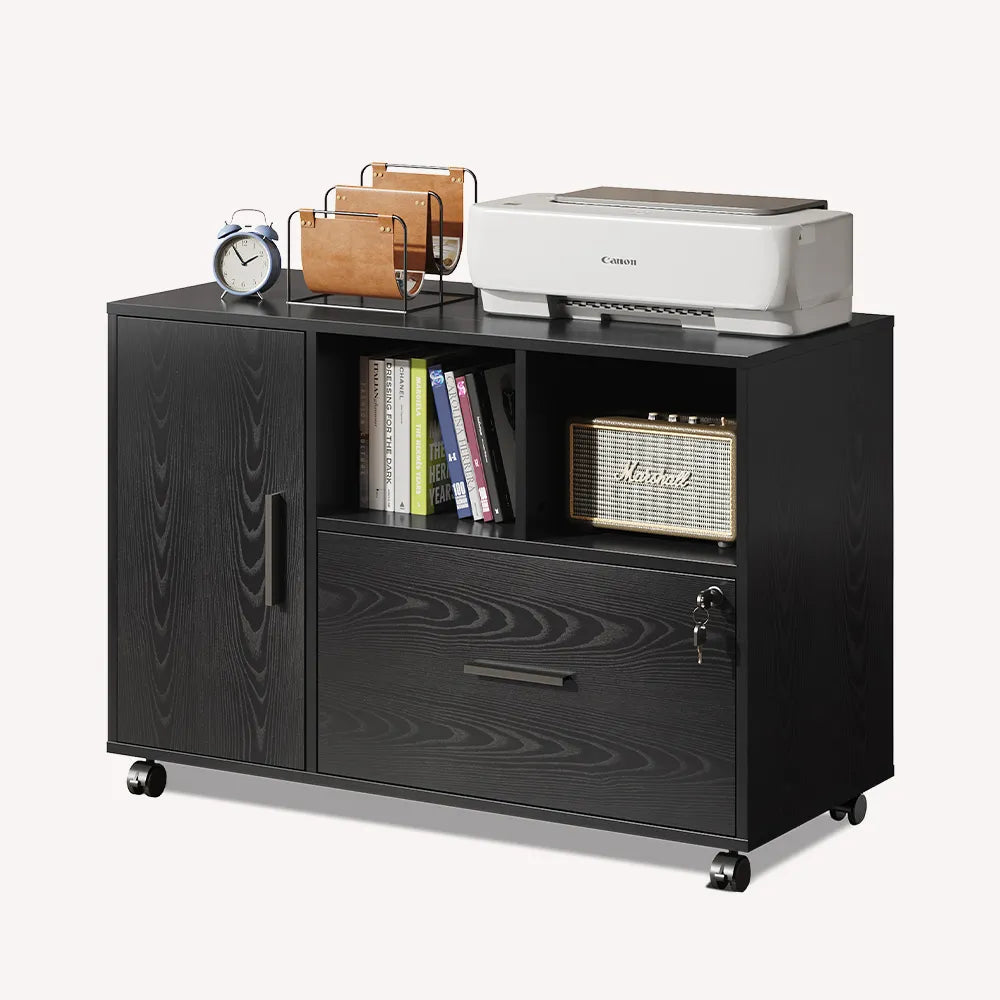 Black wood file cabinet with charging station