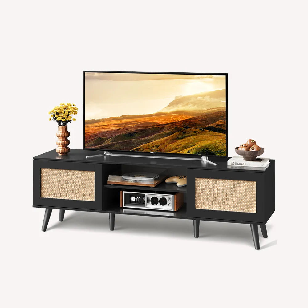 WLIVE Boho TV Stand with 2 Rattan Cabinets for 65 Inch TV in Black