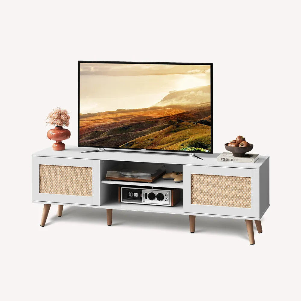 WLIVE Boho TV Stand with 2 Rattan Cabinets for 65 Inch TV in White