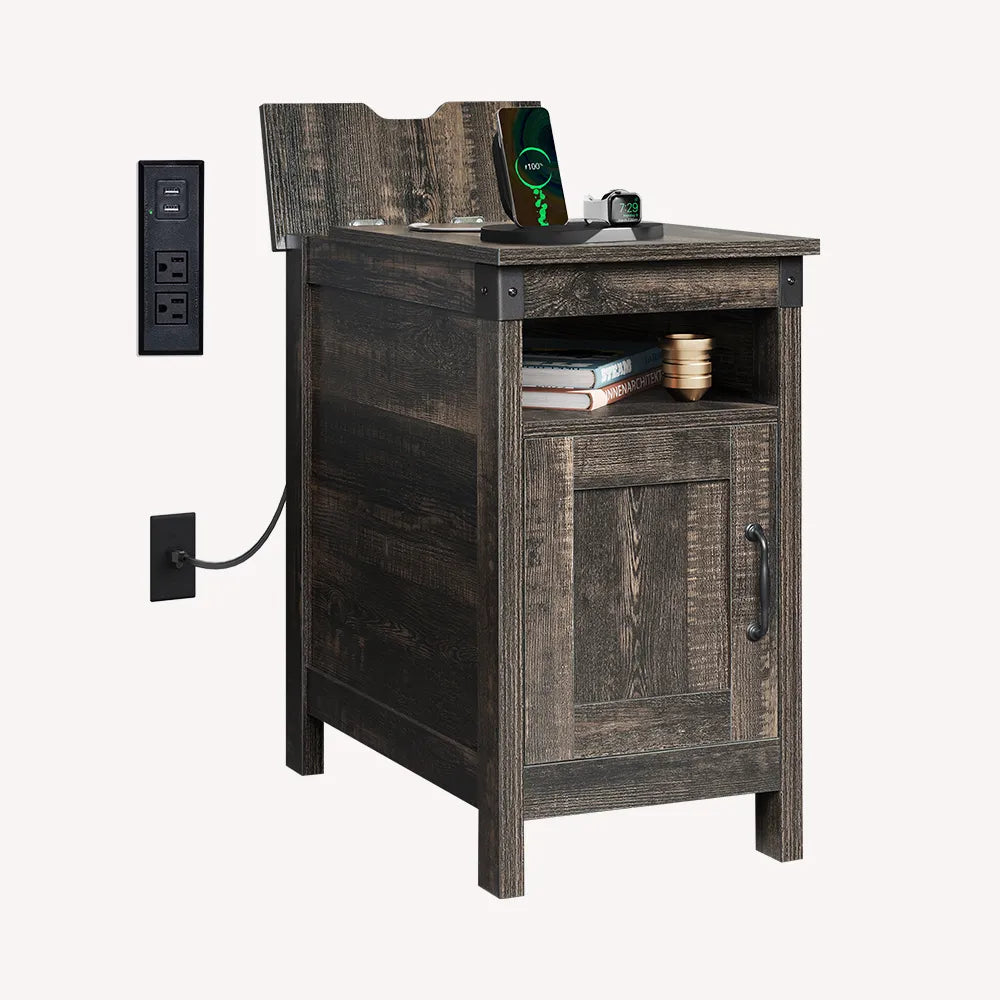 Brown WLIVE Narrow Vintage Charging Side Table with Cabinet