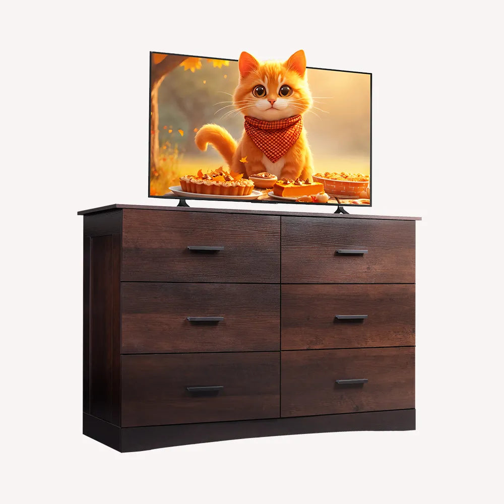 WLIVE Brown Wide 6-Drawer Modern Wood Dresser