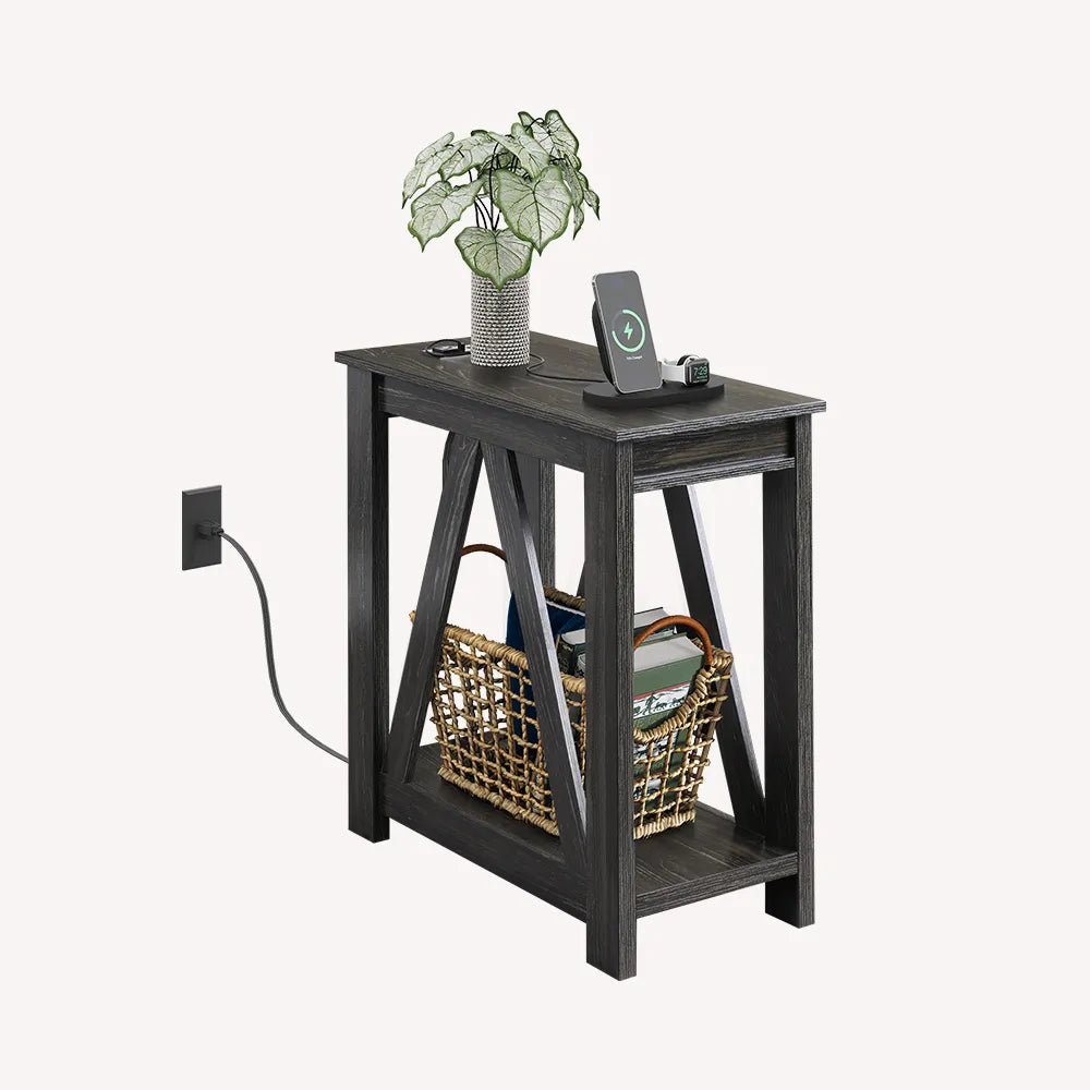 Charcoal Black WLIVE Farmhouse Narrow 2-Tier Side Table with Charging Station