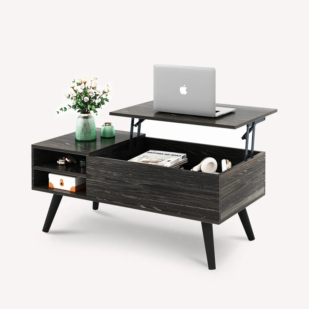 Charcoal Black WLIVE Mid Century Modern Wood Lift Top Coffee Table with bookshelves
