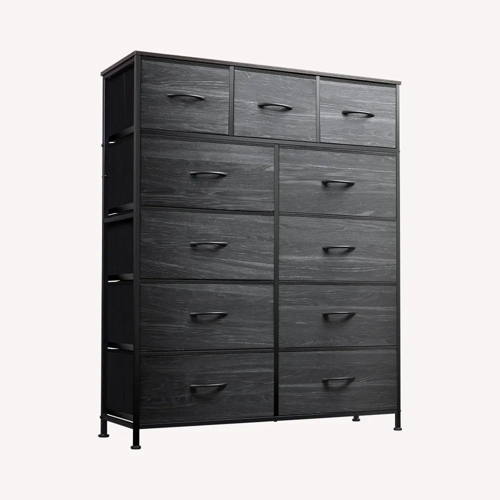 WLIVE charcoal black wood grain 11-drawer tall fabric dresser