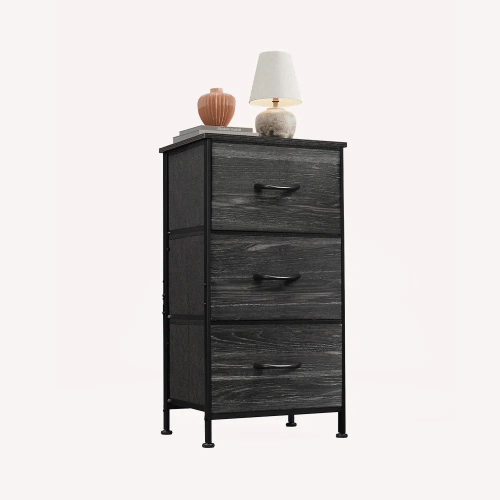 WLIVE Minimalist 3-Drawer Fabric Storage Nightstand in Charcoal Black Wood Grain Print