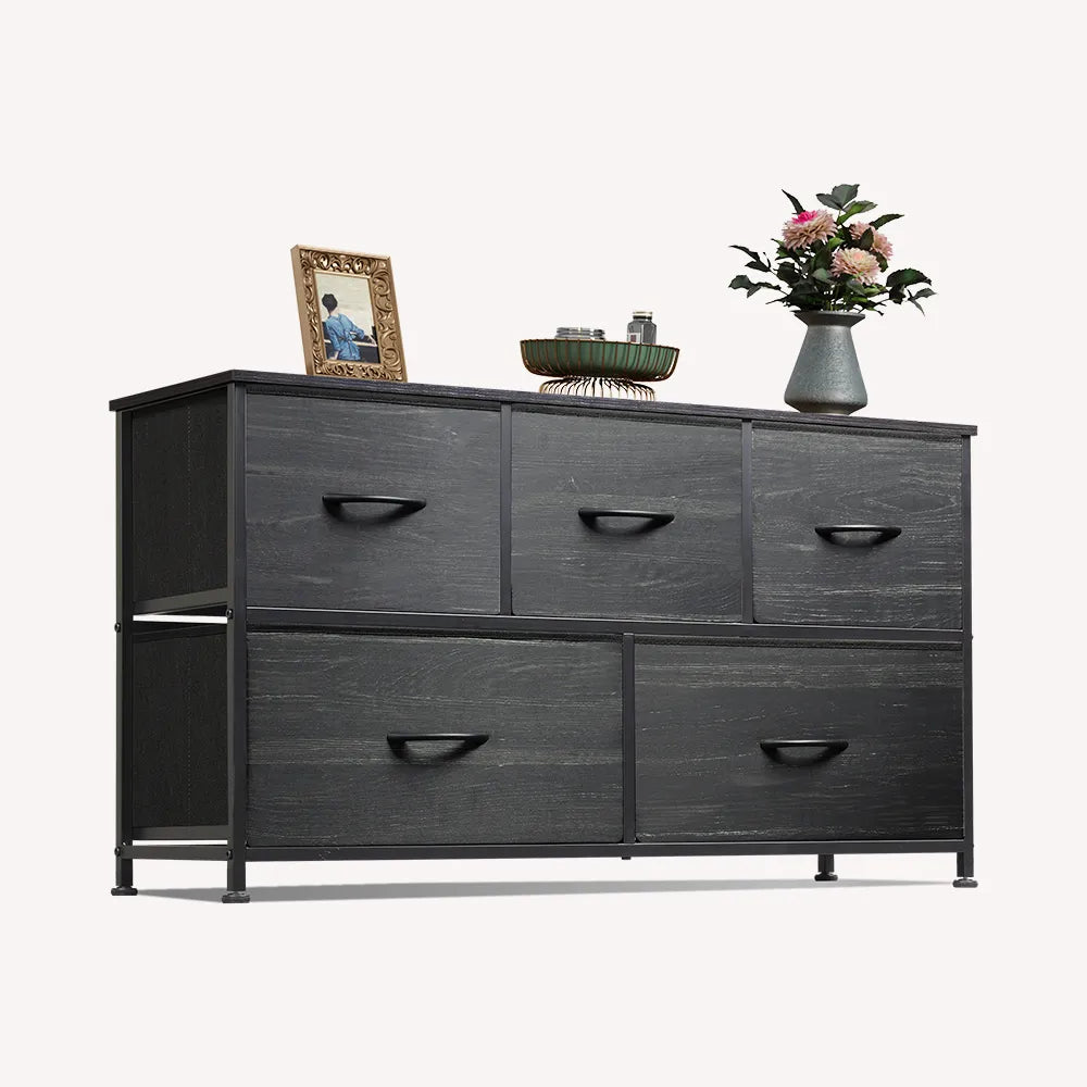 WLIVE 5-drawer fabric dresser in charcoal black wood grain print