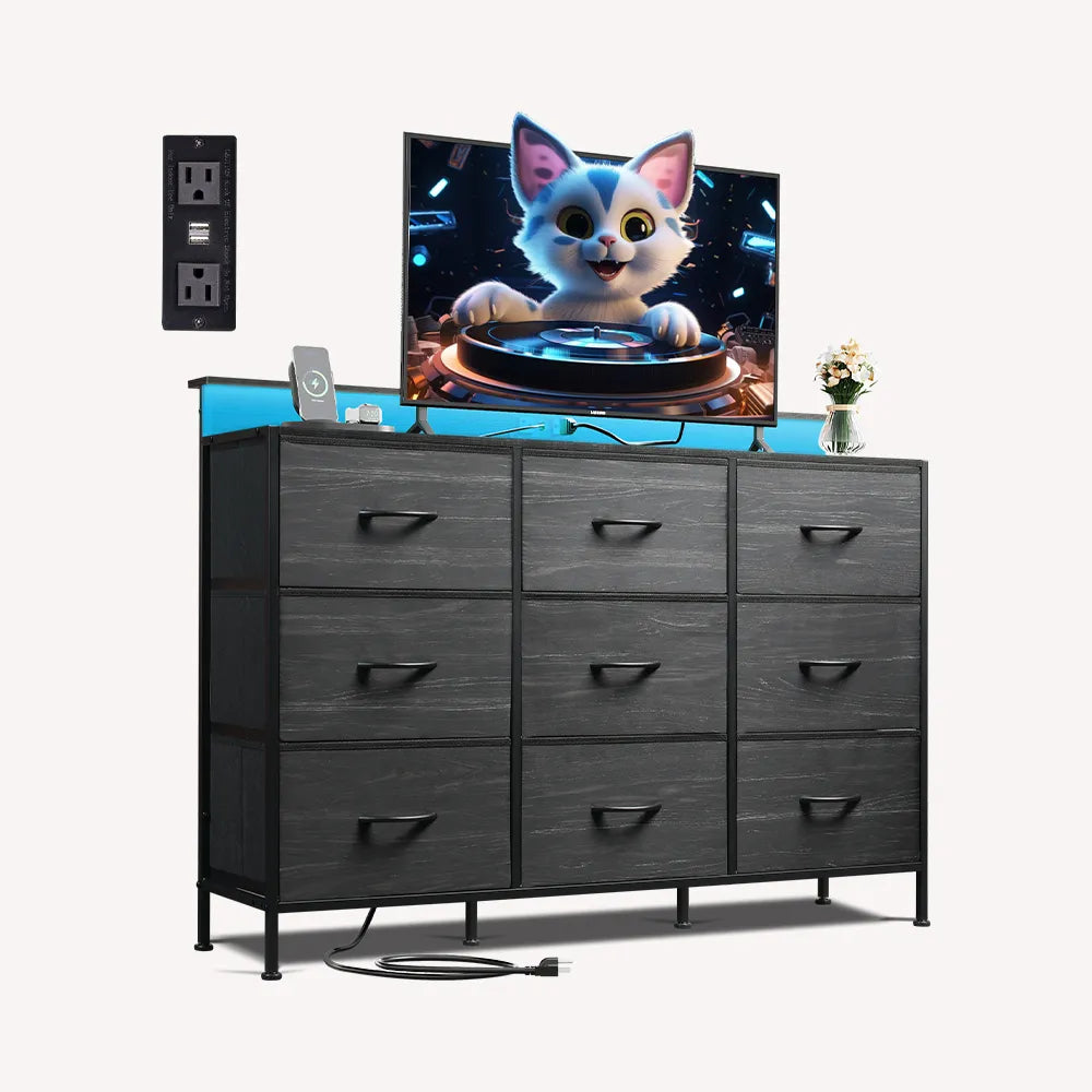 WLIVE charcoal black wood grain 9 drawer LED fabric dresser TV stand