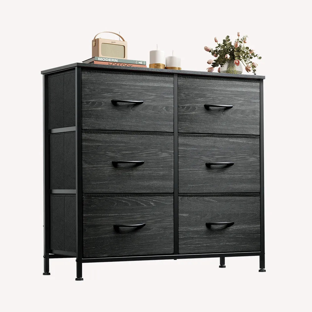 WLIVE Charcoal Black Wood Grain Minimalist Fabric 6-Drawer Double Storage Dresser