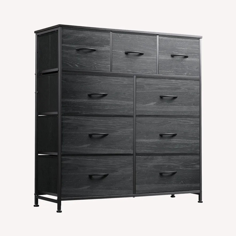 WLIVE Charcoal Black Wood Grain Minimalist Tall 9-Drawer Storage Fabric Dresser
