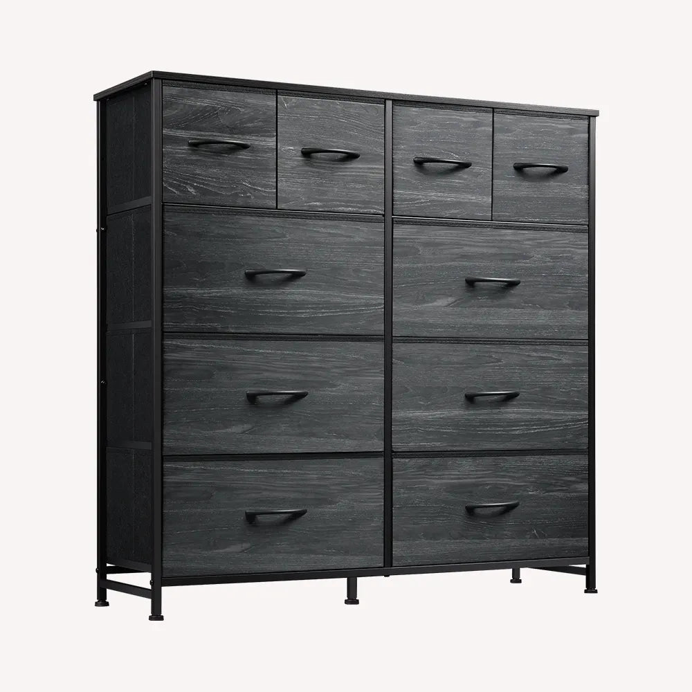 Charcoal black wood grain print 10-drawer large storage fabric dresser