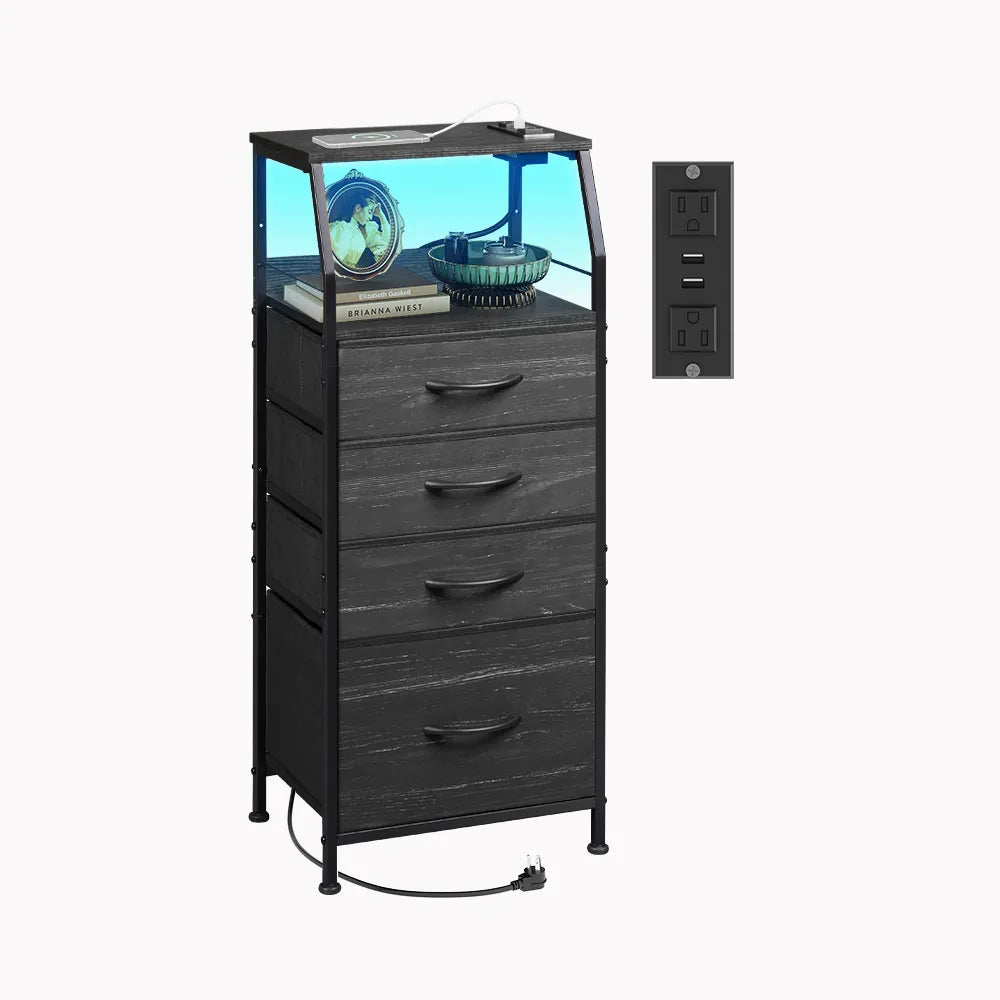 Charcoal Black Wood Grain Print WLIVE Fabric 4-Drawer LED Nightstand with Charging Station